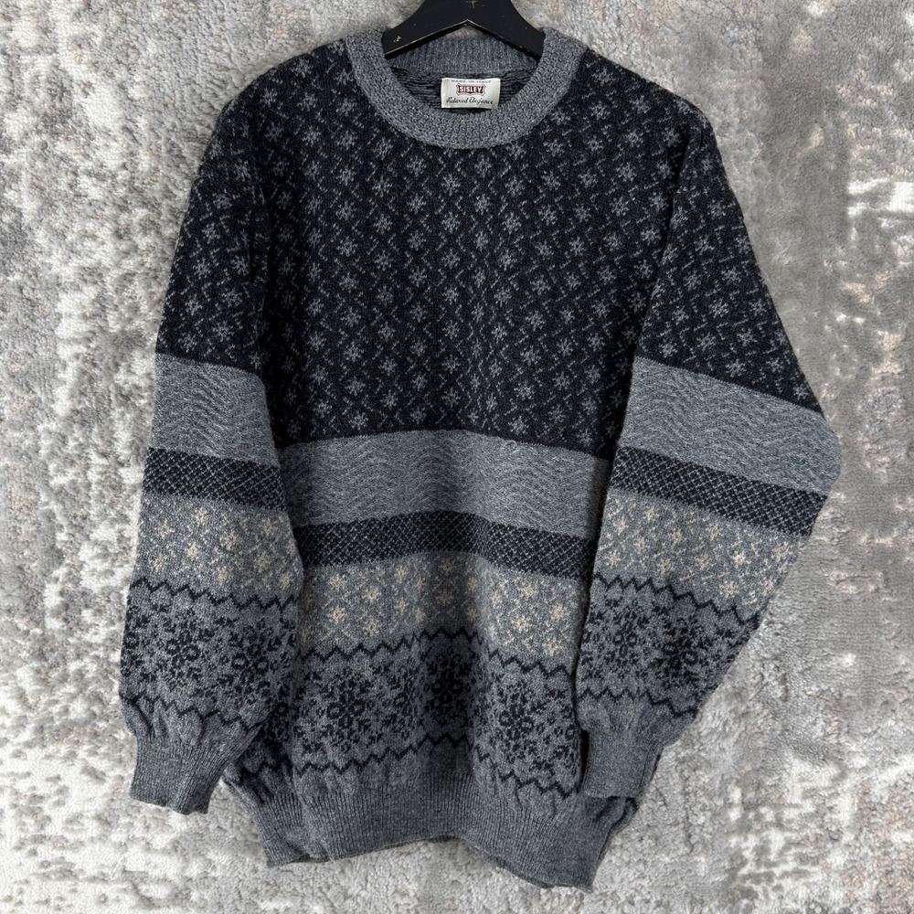 Sisley Size L Virgin Wool Fair Isle Outdoor Sweater Gray Long Sleeve Crew Neck